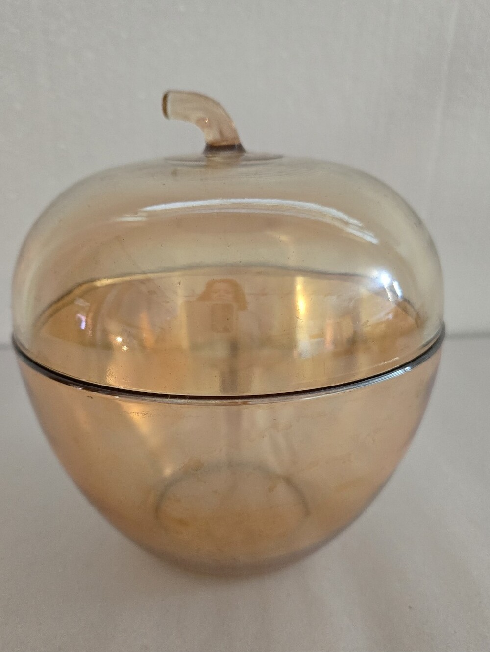 JEANNETTE GLASS IRIDESCENT MARIGOLD CARNIVAL GLASS APPLE JAR WITH LID